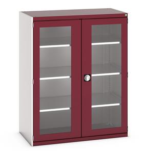 40022059.** Bott Cubio Window Door Cupboard with lockable doors and clear perspex windows. External dimensions are 1300mm wide x 650mm deep x 1600mm high and the cupboard is supplied with 3 x 160kg capacity shelves....